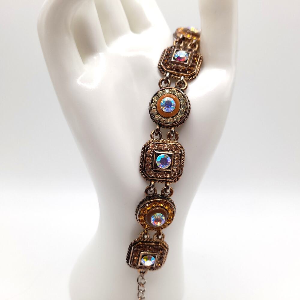 Medallion Rhinestone Bracelet, Topaz Aurora Borealis, 7 1/2" to 9 1/2 "